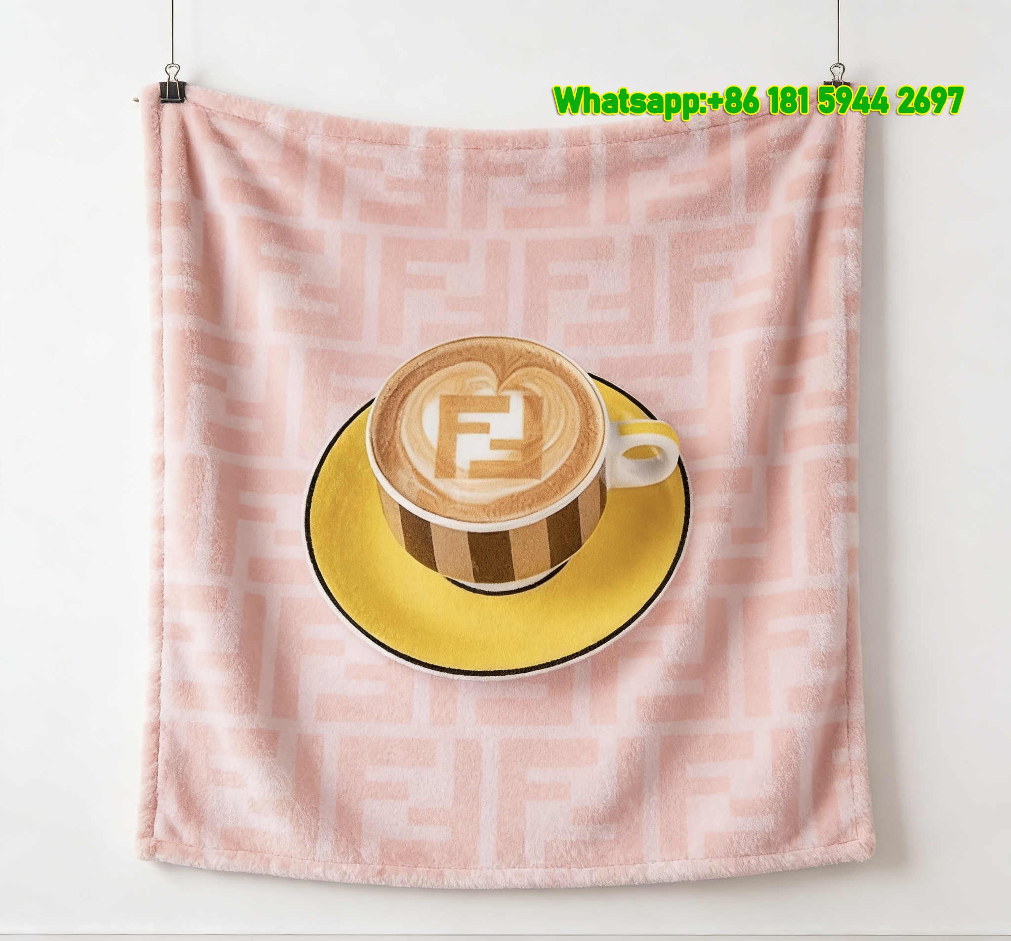 Fendi FF Logo Heart Latte Art Flannel Throw Blanket IMG_9625